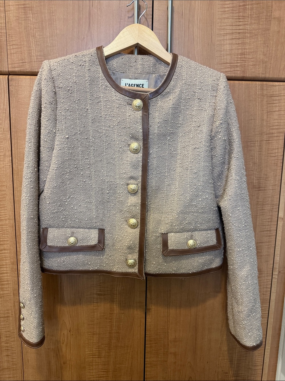 L'AGENCE Taupe Tweed Jacket with Brown Trim and Gold Buttons